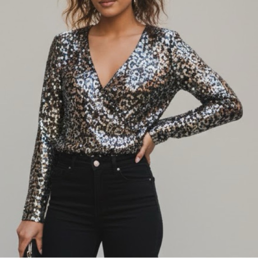 Zara TRF Sequin Blouse Top XSMALL Collection Brown Gold Animal Print Long Sleeve